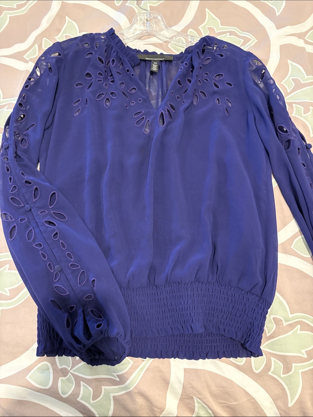 White House Black Market Royal Blue Laser-Cut Long Sleeve Blouse